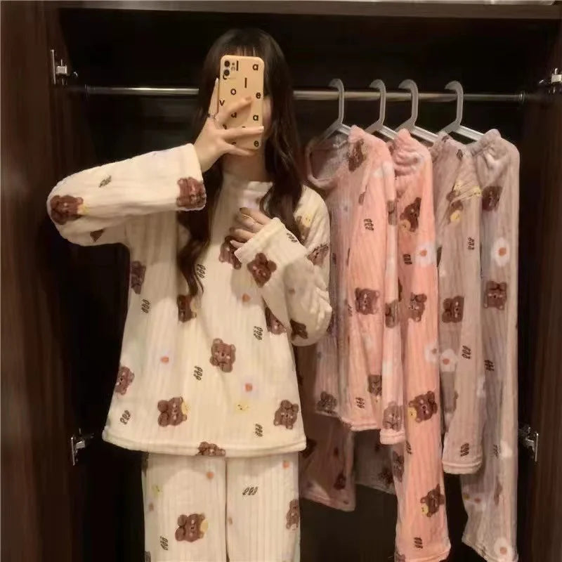 Thiened Long Sve Coral Fce Pajamas Women's Winter Home Clothes Set Cute Cartoon Print round Ne Spwear Set for Youth