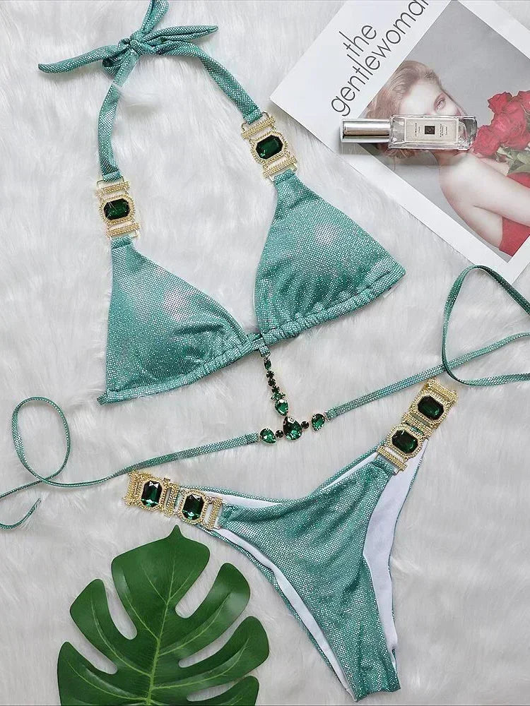 2025 Shiny Rhinestone Diamond Bikini Women Swimsuit Female Swimwear Two Pieces Bikini Set Halter Metal Chains Bathing Suit Swim