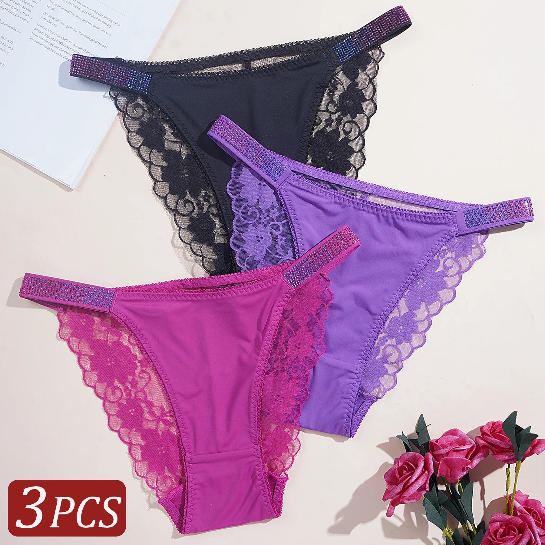 3PCS Sexy Women's Underwear Semi-transparent Hollow Out Lace Floral Panties Two Shiny Belts Underpants Female Briefs Lingerie