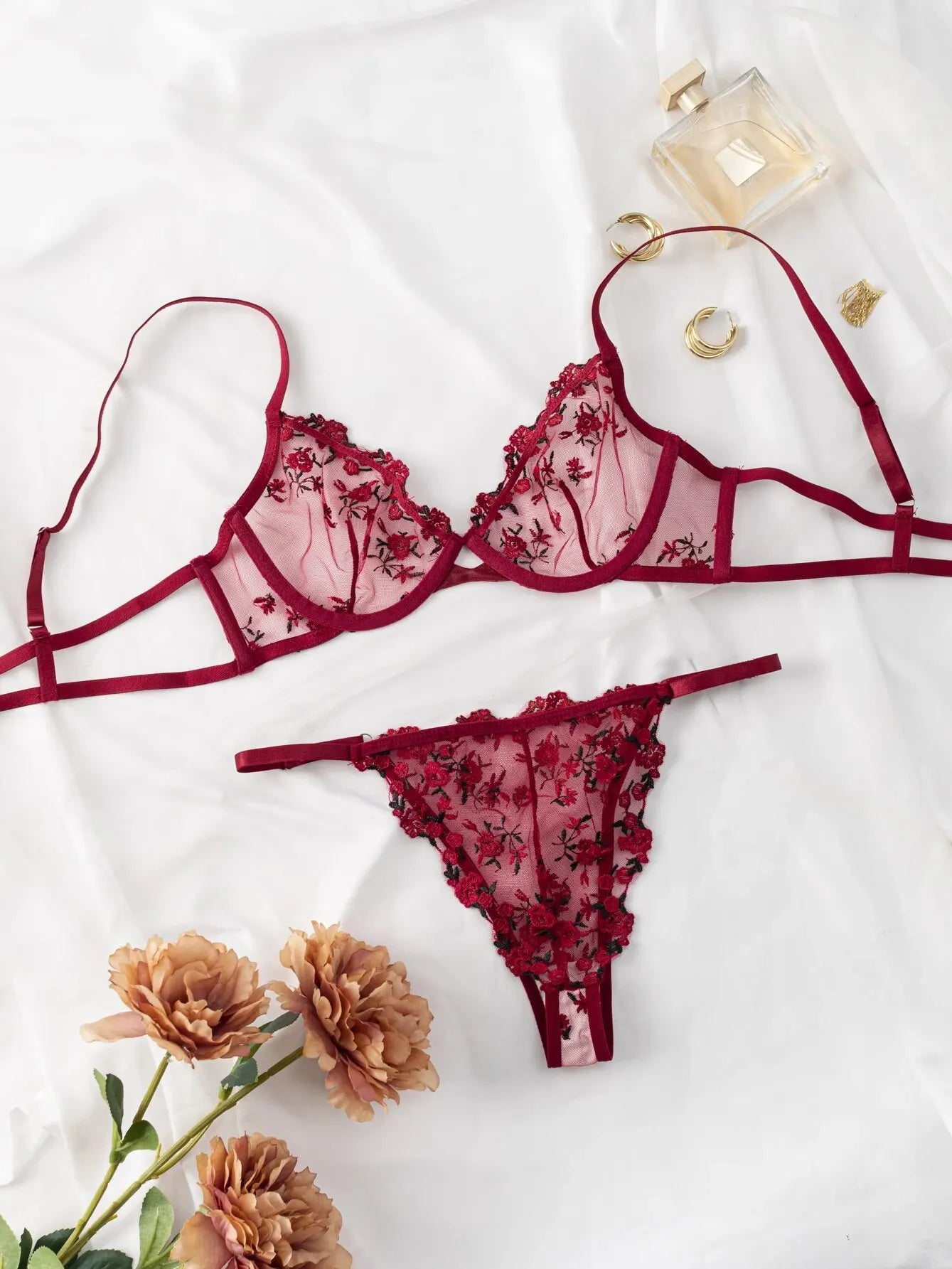 2-Piece Lace Bra Set Women Floral Embroidery Underwear Set Transparent Pink Panty Set 2023 Lingerie Set for Women