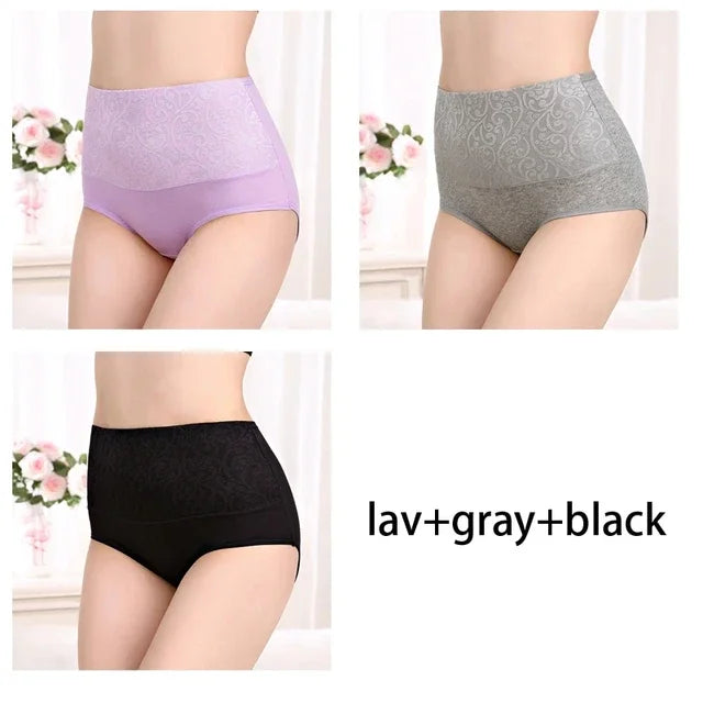 Plus Size Women's Cotton Underwear High Waisted Tummy Control Panties Full Coverage Briefs Jacquard Ladies Panty 3 Pack
