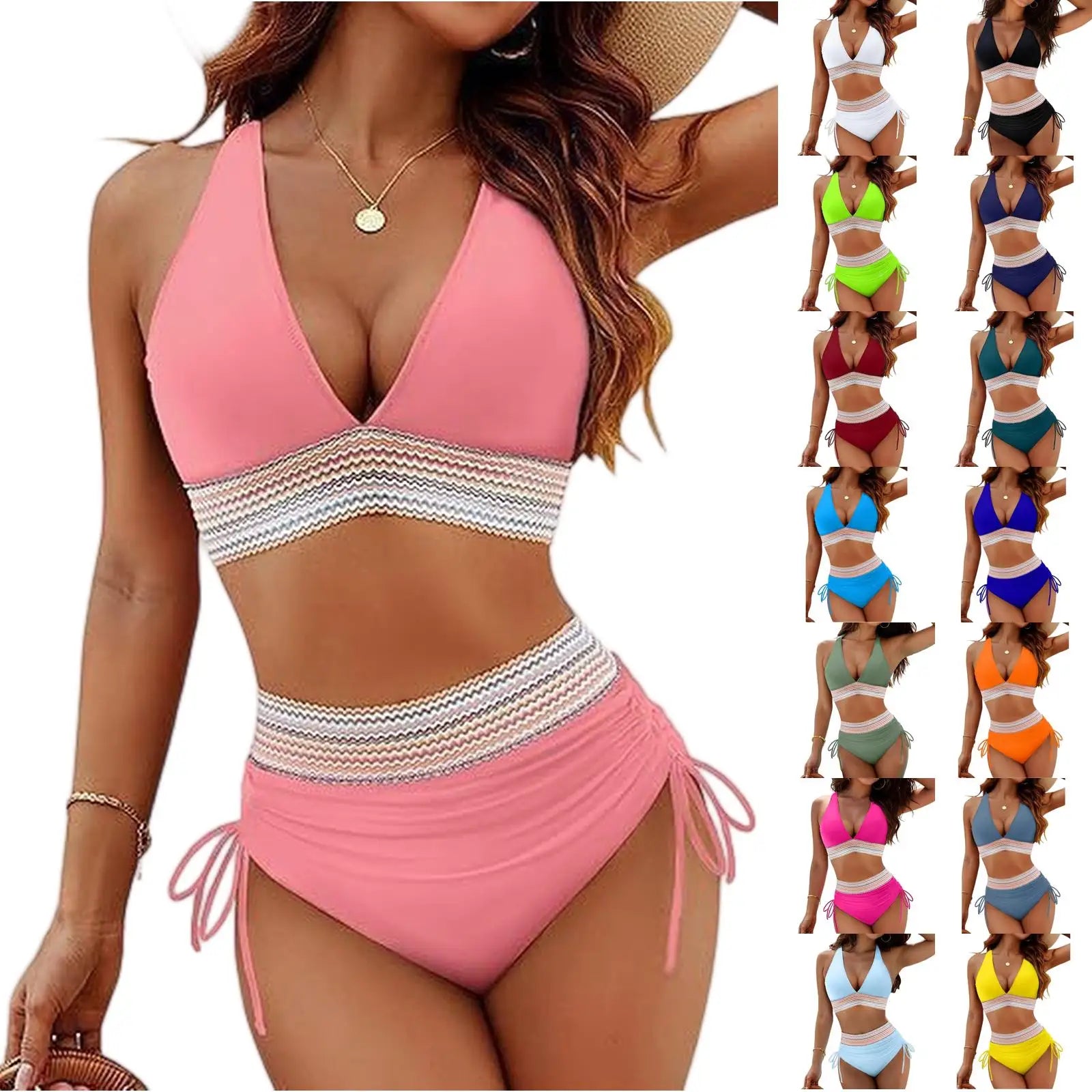 Women High Waisted Bikini Sets Tummy Control Swimsuits Color Block Two Piece Drawstring Bathing Suit Adjustable Shoulder Straps