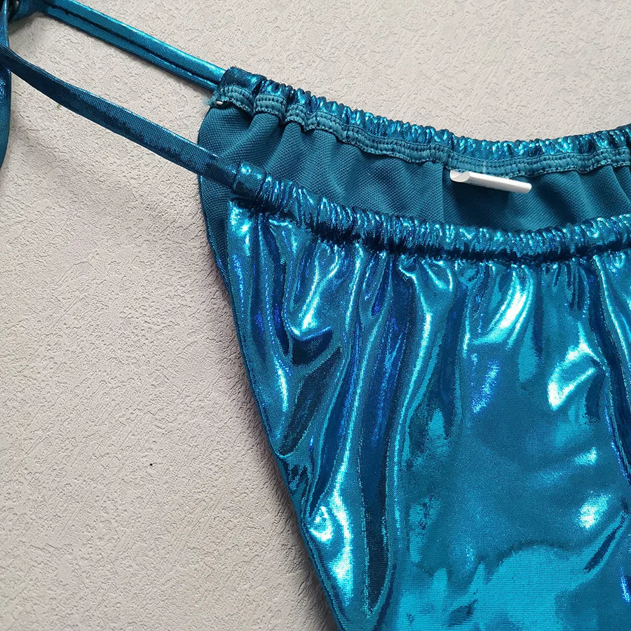 2024 Gem Blue Glossy Bikini Women's Clothing Swimsuit Summer Beach Vacation Outfits Thong Bathing Suit Bandeau Backless Swimwear