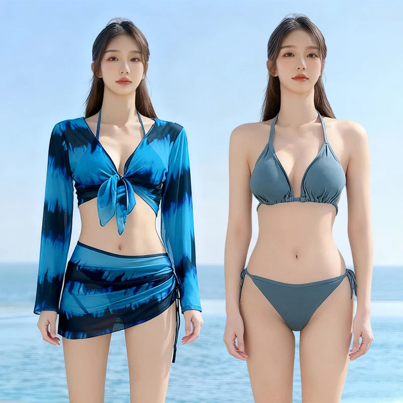 Pure Desire Women's Bikini Swimsuit Set Conservative Slimming Small Chest Gathered Holiday Swimwear Four-Piece Ensemble