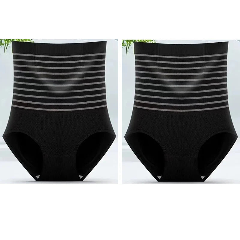 2pcs Women No Trace High Waist Shaping Briefs Body Shaper Slimming Underwear Butt Lifter Control Panties Stripe Shapewear Pants