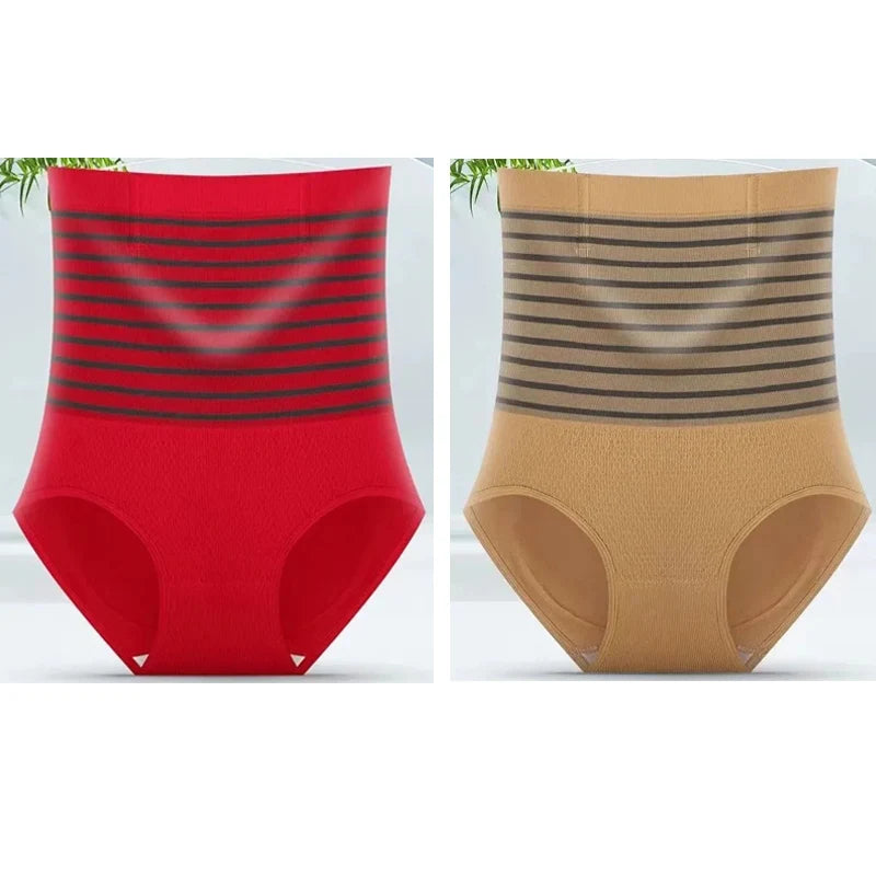 2pcs Women No Trace High Waist Shaping Briefs Body Shaper Slimming Underwear Butt Lifter Control Panties Stripe Shapewear Pants