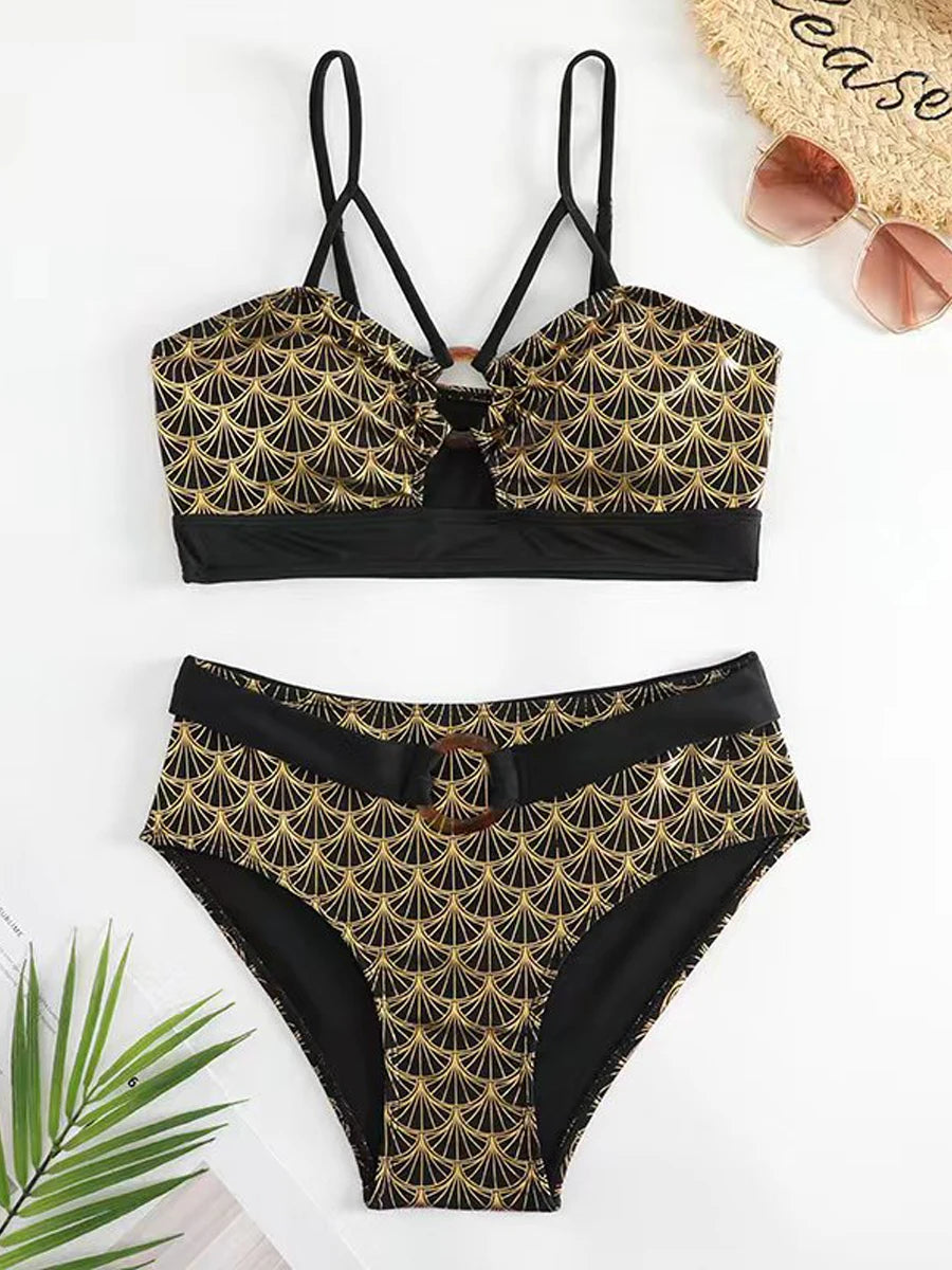Metallic Stitch Strape Bikini 2026 Women Push Up Golded print Swimsuit Female High Waist Swimwear Bathers Bathing Suit Beachwear
