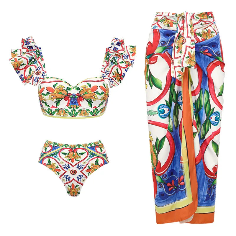 2025 New 2-Piece Shoulder Ruffle Swimsuit With Cover Up Sexy Women Swimwear Push Up Biquini Bathsuit Bodysuit Beachwear Dress