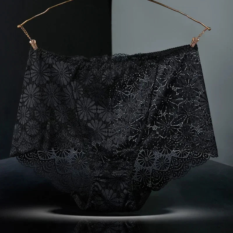 1Pc Fashion Women High Waist Plus Size Panties Lace Mesh Floral Transparent Briefs Underwear Solid Seamless Underpants Lingerie