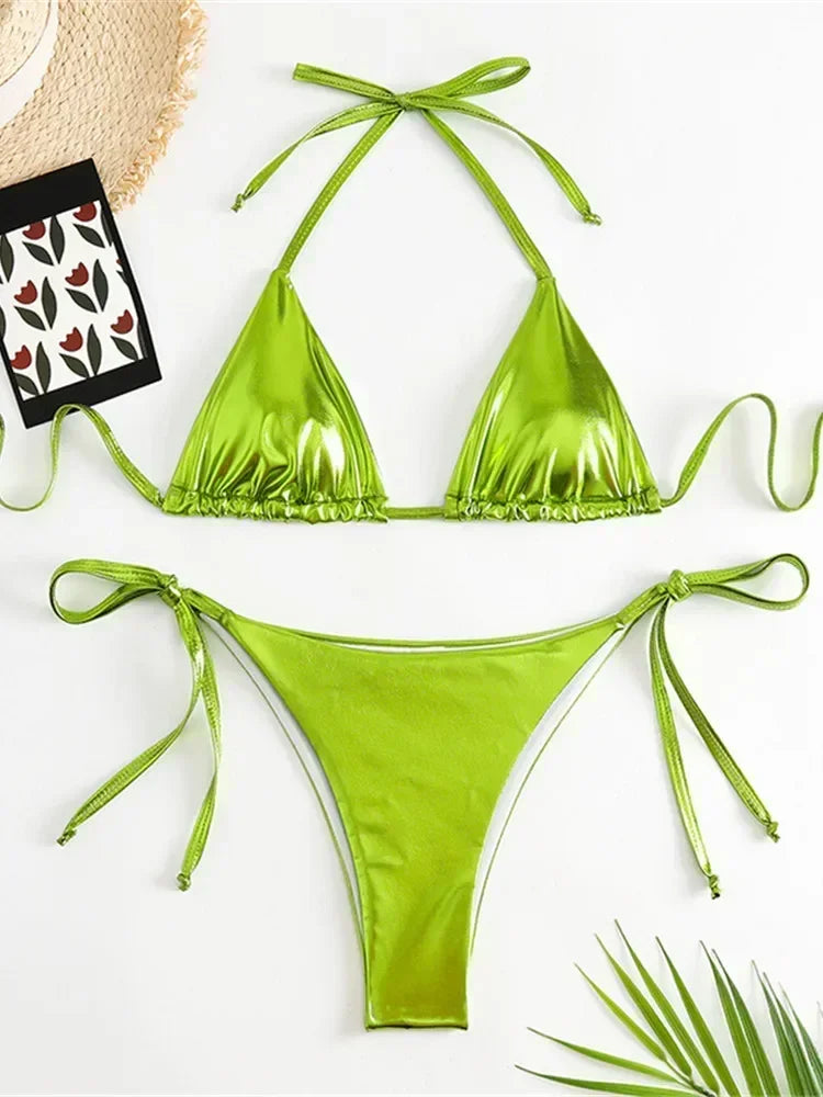 Sexy Brozing Gold Bikinis Sets Women Push Up Micro Bikini Swimsuit 2025 Brazilian Beach Bathing Suit Tie Side Triangle Swimwear