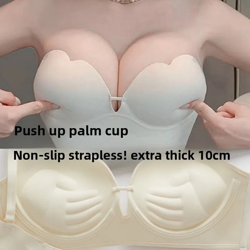 10cm Ultra Push Up Strapless Bra Anti-Slip Grip Palm Cup Lift No Wire Tube Top Bustier for Women Lift Support Wedding Lingerie
