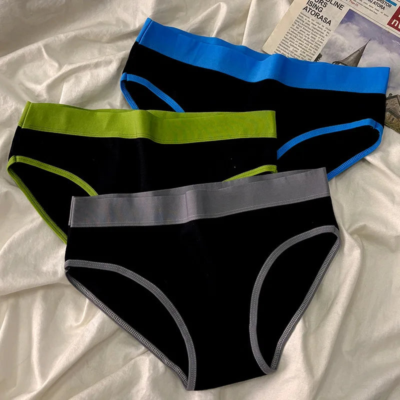 5Pcs/Set Sport Cotton Panties Women Middle Waist Briefs Girls Solid Color Underwear Breathable Underpants Color Blocked Triangle