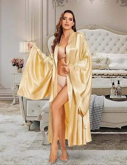 Elegant Floor Long Length Robe Silk Bridal Wedding Dressing Kimono Robe Bridal Party Bride Robe Black Kimono Robe