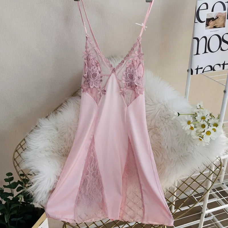 Sexy Hollow Out Lace Strap Nightgown Women Sleepwear Embroidery Flower Robe Silky Satin Nightdress Home Wear Intimate Lingerie
