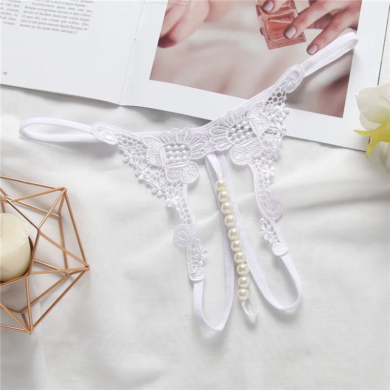 Women Sexy Underwears Female Transparent Hollow Out Temptation Pearl Massage Open File Thong Thin Perspective Embroider T-shaped