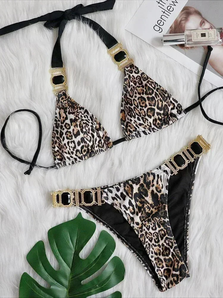 2025 Shiny Rhinestone Diamond Bikini Women Swimsuit Female Swimwear Two Pieces Bikini Set Halter Metal Chains Bathing Suit Swim