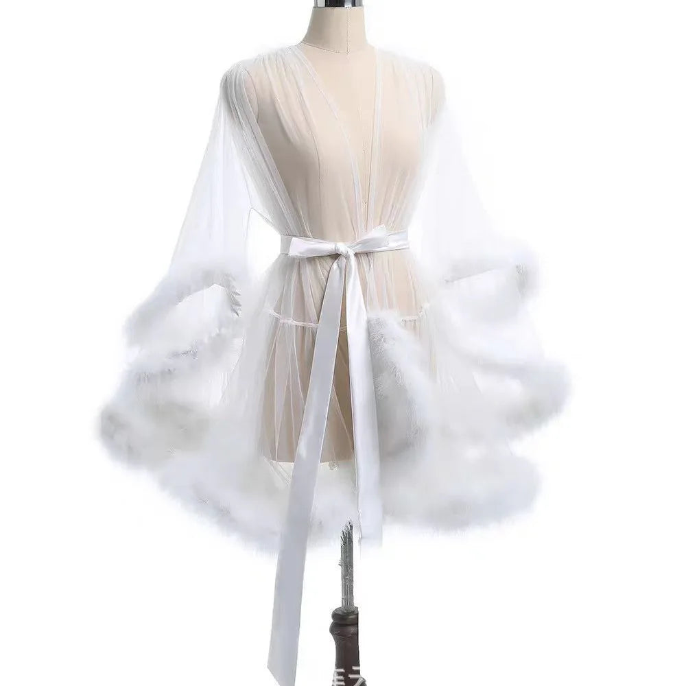 Sexy Feather Robe Seductive Mesh Bathrobe Fashion Long Sleeve Plush Spliced Thin Lingerie Female Underwear Nightgown Sheer Robe
