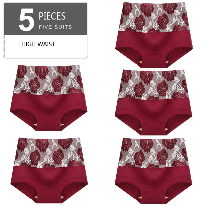 5Pcs Women Panties High Waist Body Shaper Underwear Print Girls Briefs Soft Sexy Underpants Breathable Cotton Female Lingerie