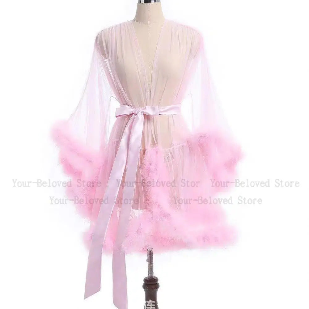 Sexy Feather Robe Seductive Mesh Bathrobe Fashion Long Sleeve Plush Spliced Thin Lingerie Female Underwear Nightgown Sheer Robe
