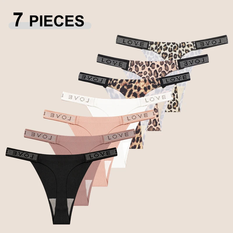 7Pcs/Set Printed Leopard Crystal Letter Thongs For Women Fashion Low Waist Soft Breathable Underpants Female Traceless G-string