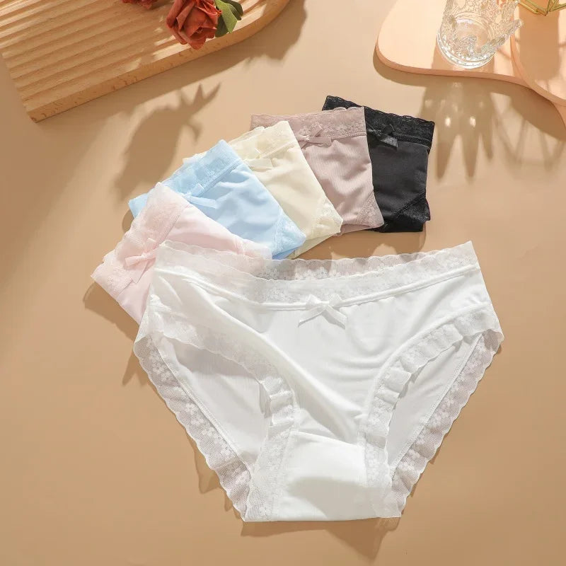 3Pcs/Set Women Ice Silk Sexy Lace Seamless Briefs Comfortable Stretchy Semi Sheer French-Cut Panties Women Underwear Breathable