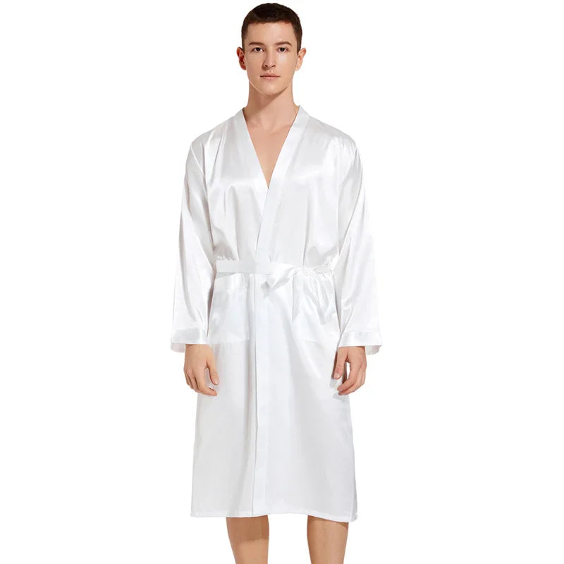 Summer New Men Solid Color Kimono Robe Satin Bathrobe Gown Summer New Sleepwear Loose Pijamas De Hombre Ice Silk Peignoir Homme