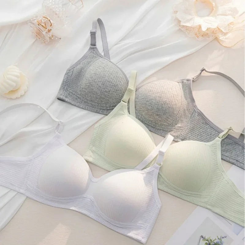 Full Cotton No Steel Ring Bra for Women Summer Breathable Light Color Plus Size Bras Girls Gathered Chest Lift Fashion Underwear