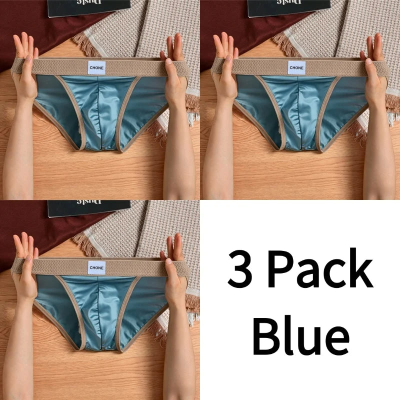 3pcs【LORIEN CREST】Luxury Men's Satin-like Ice Silk Briefs High Elastic Ultra Soft Breathable Antibacterial Comfortable Underwear