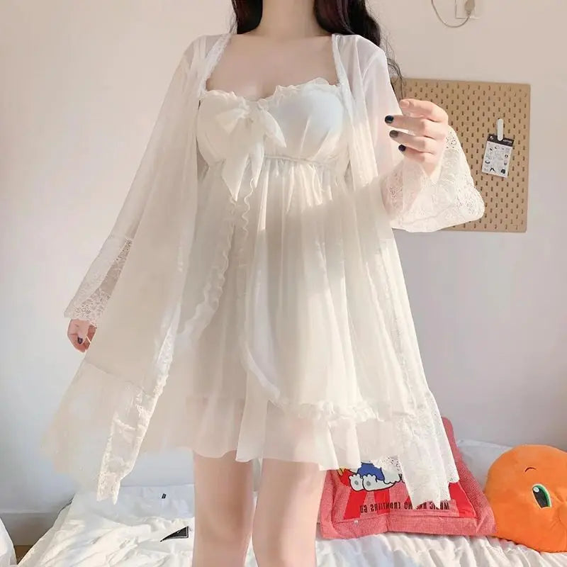 Elegant Sweet Simple Solid White Women Robe Gown Sets Chic Lace Bow Mesh Sleepwear Breathable Slim Nightdress