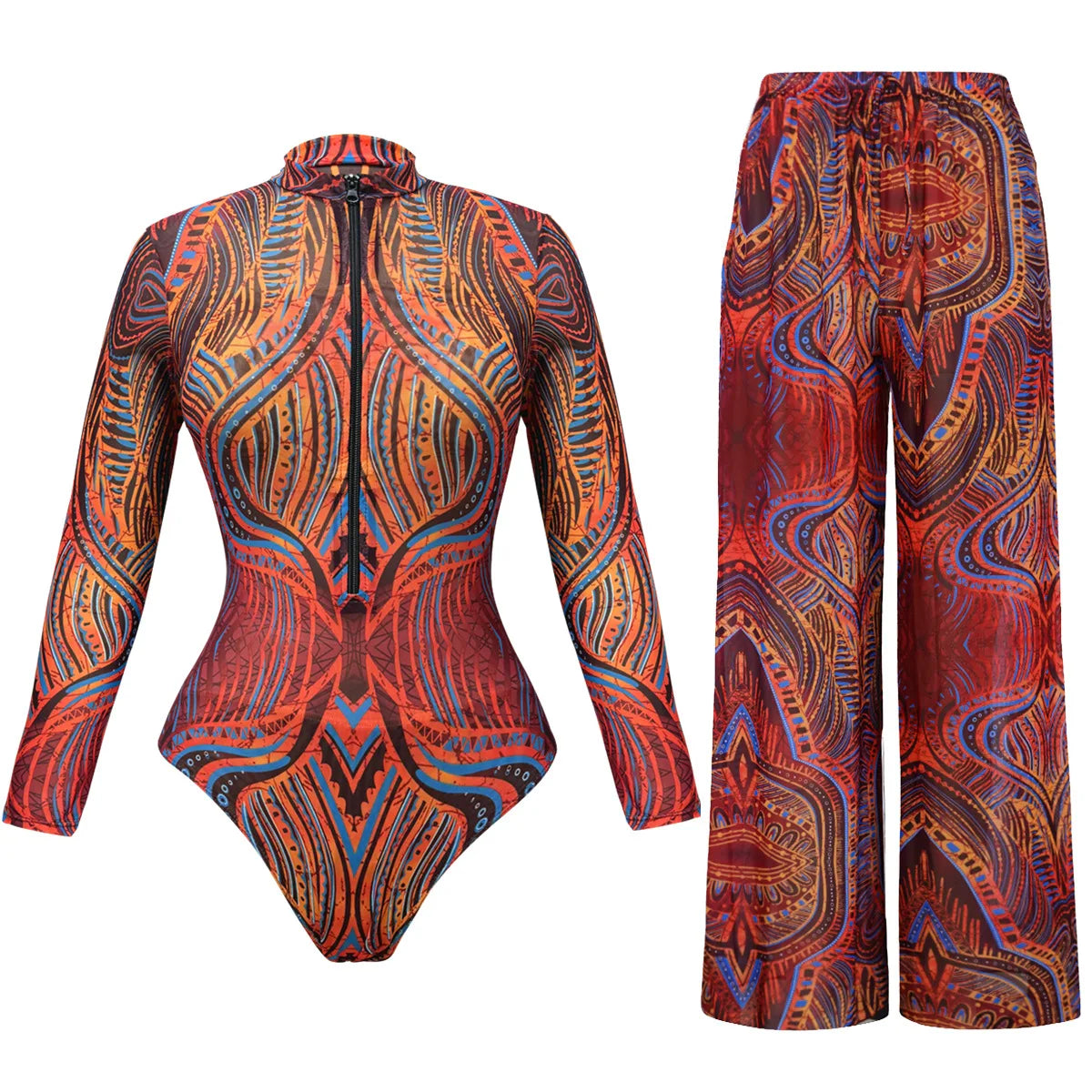 2025 Mesh Swimsuit with Long Sleeves Sexy One Piece Slimming Bathing Suit with Skirt & Long Pants Bodysuit Smart Beach Clothes