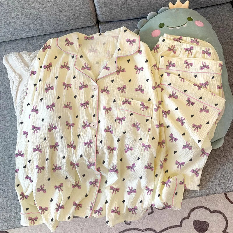 Pink Bow Tie Design Pajamas for Women Long Sleeve Top & Elastic Waist Pants Pajamas Set Harajuku Style Casual New Home Wear