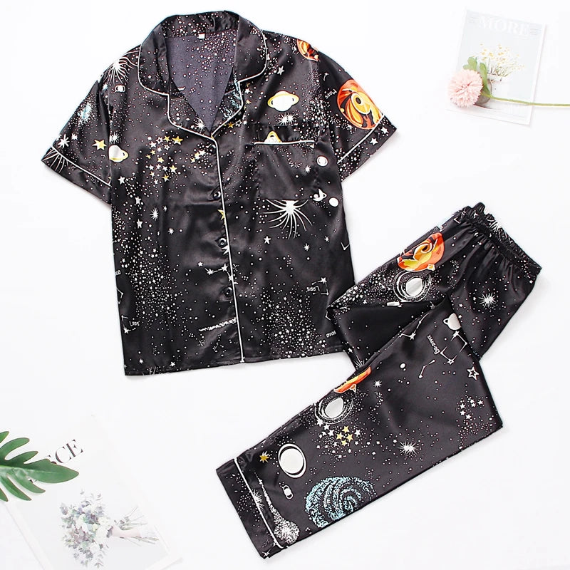 Women‘s Striped Printed Silk Satin Pajamas Summer Nightwear Trouser Suits Satin Set Woman 2 Pieces Short Sleeve Sleep Tops Night