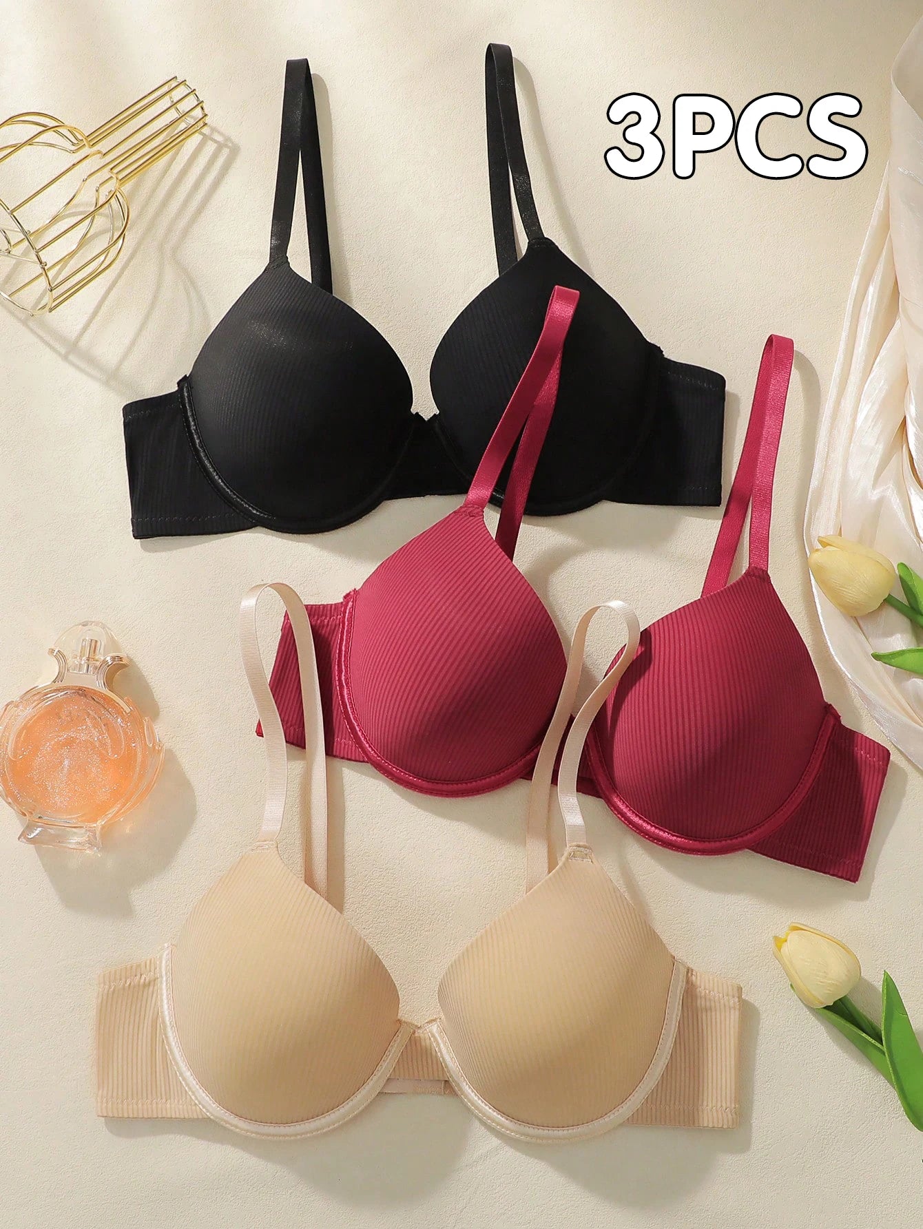 3-Pack Women's Solid Color Underwire Bras Full Coverage T-Shirt Bra with Comfortable Padded Everyday Wear Soft Lingerie 70B-85B