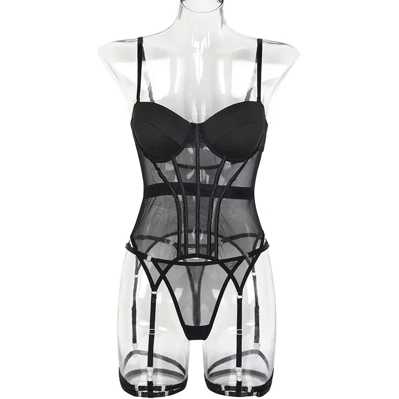 Mesh Lingerie Luxury Brand Bodysuit Backless Tops for Women 3 Piece Lingerie Set with Garter Sexydresses for Women