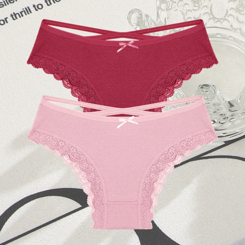 2PCS Cotton Panties for Women Sexy Lace Brazilian Briefs Female Low-Waist Cross Webbing Underpants Stretch Breathable Intimates