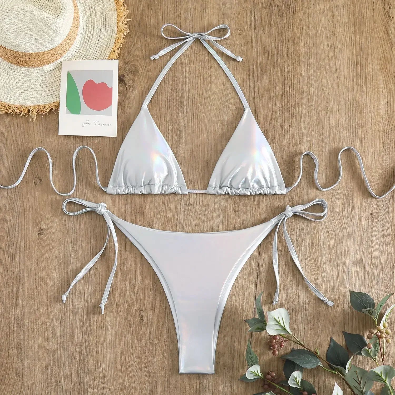 Sexy Metallic Halter Bikinis Sets Lace Up Triangle Tie Side Bikini 2026 Swimsuit Women Swimwear Brazilian Female Bathing Suits