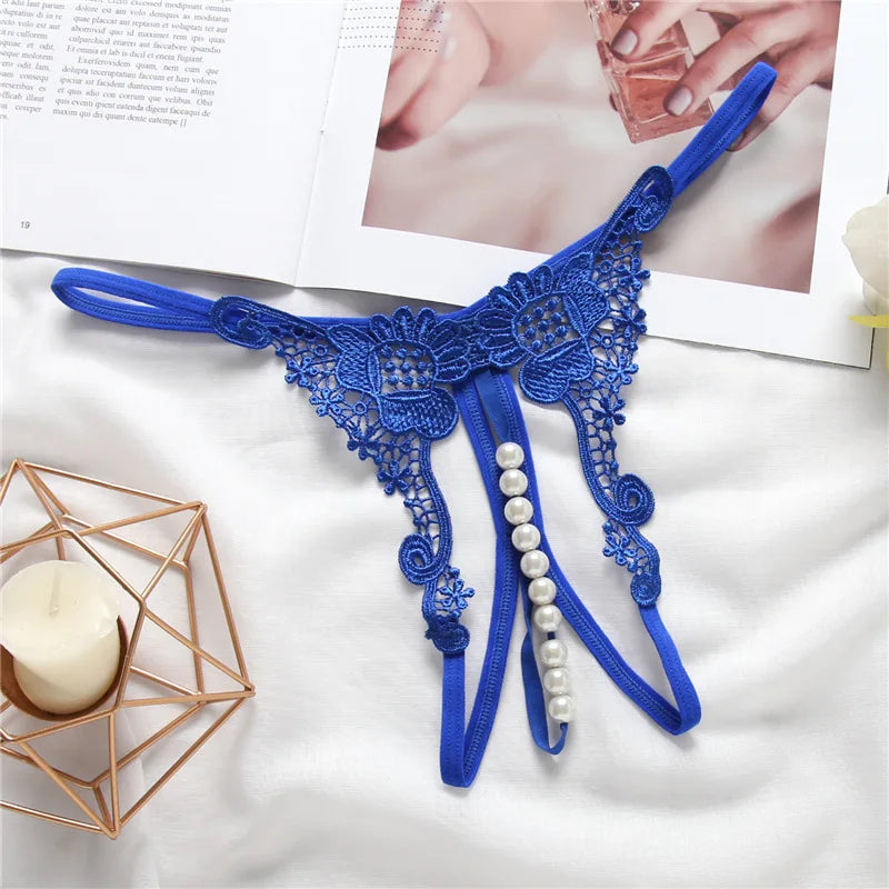 Women Sexy Underwears Female Transparent Hollow Out Temptation Pearl Massage Open File Thong Thin Perspective Embroider T-shaped