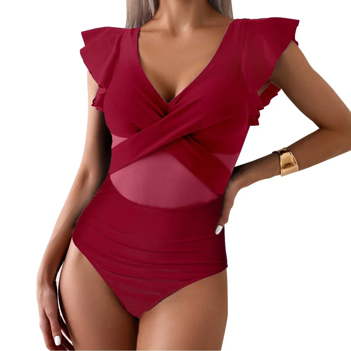 Women's Swimsuit 2024 Trend Tummy Control V Neck Sexy Bikini Ruched Bathing Suits Slim Fit Ruffle Sleeve Swimwear