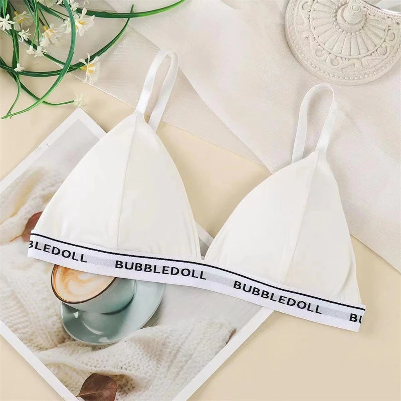 FINETOO Women Cotton Triangle Cups Bra Sexy Deep V Padded Brassiere Female Small Size Underwear Letter Push Up Lingerie Bralette