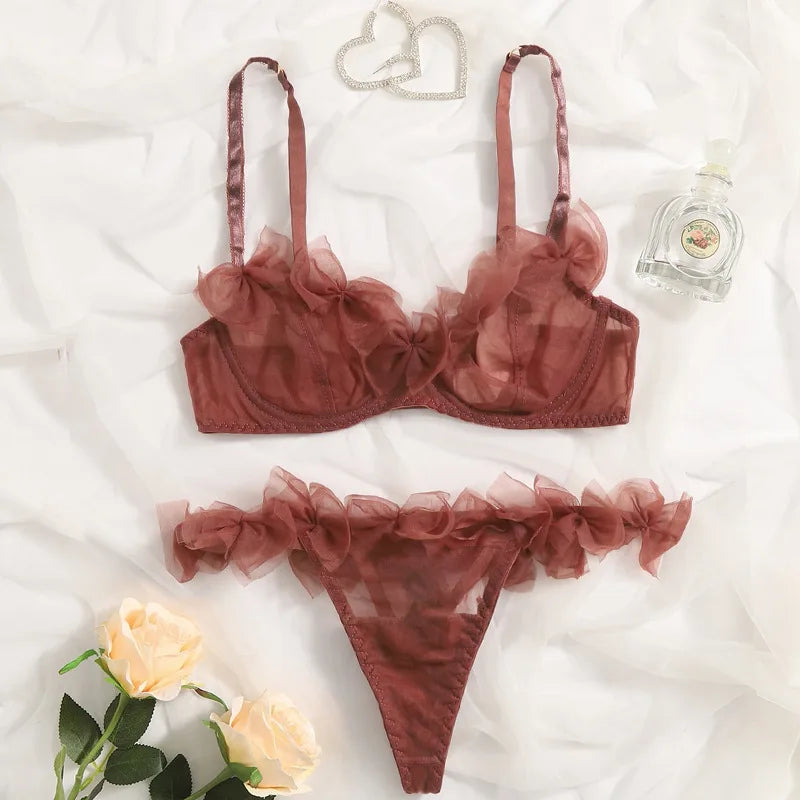 Sexy Lingerie Tulle Bowknot Bra Set Women See Through Lingerie Romantic Bilizna Set Three-Point Intimate Outfit Sexy Underwear