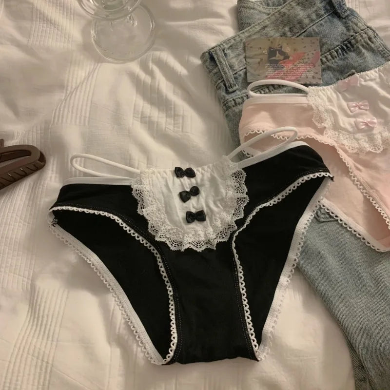Women's Low Waist Breathable Pink Cute Cotton Panties Comfortable Student Briefs Sweet Bow Sexy Lace Underwear