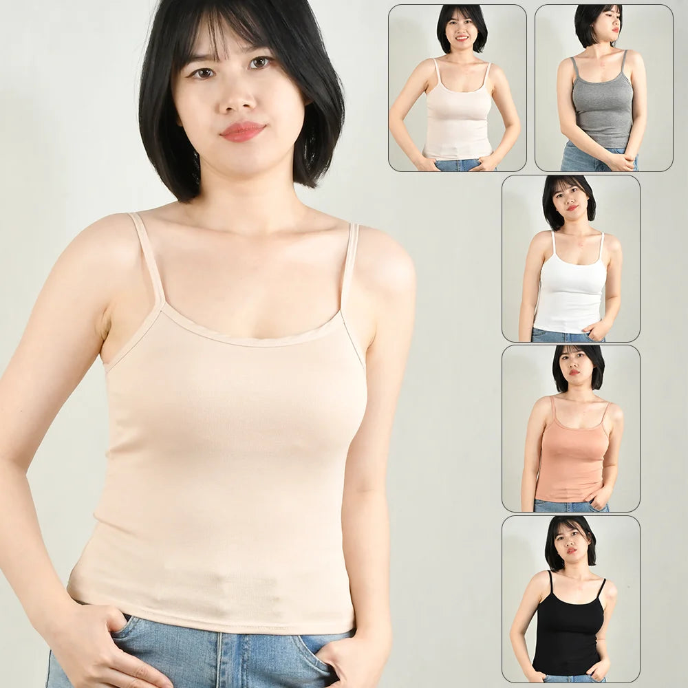 Sexy Summer Sleeveless T-Shirt Spaghetti Strap Cropped Tank Top with Built-in Bra Fashion Solid Color Sporty Camisole