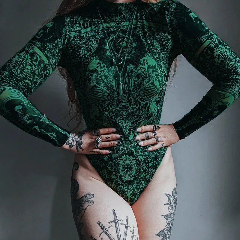 Gothic Print Naked See Through Bodycon Jumpsuits Y2K Lace Mesh Long Sleeve Slim Bodysuits Women Summer T-Shirts Tops Streetwear
