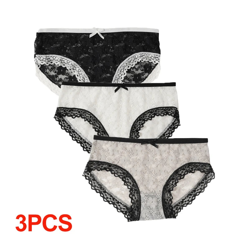 3 Pcs Sexy Lace Panties Seamless Low Waist Ultra-thin Transparent Bow Ladies Briefs Japanese Sweet Girl Panties L-XL