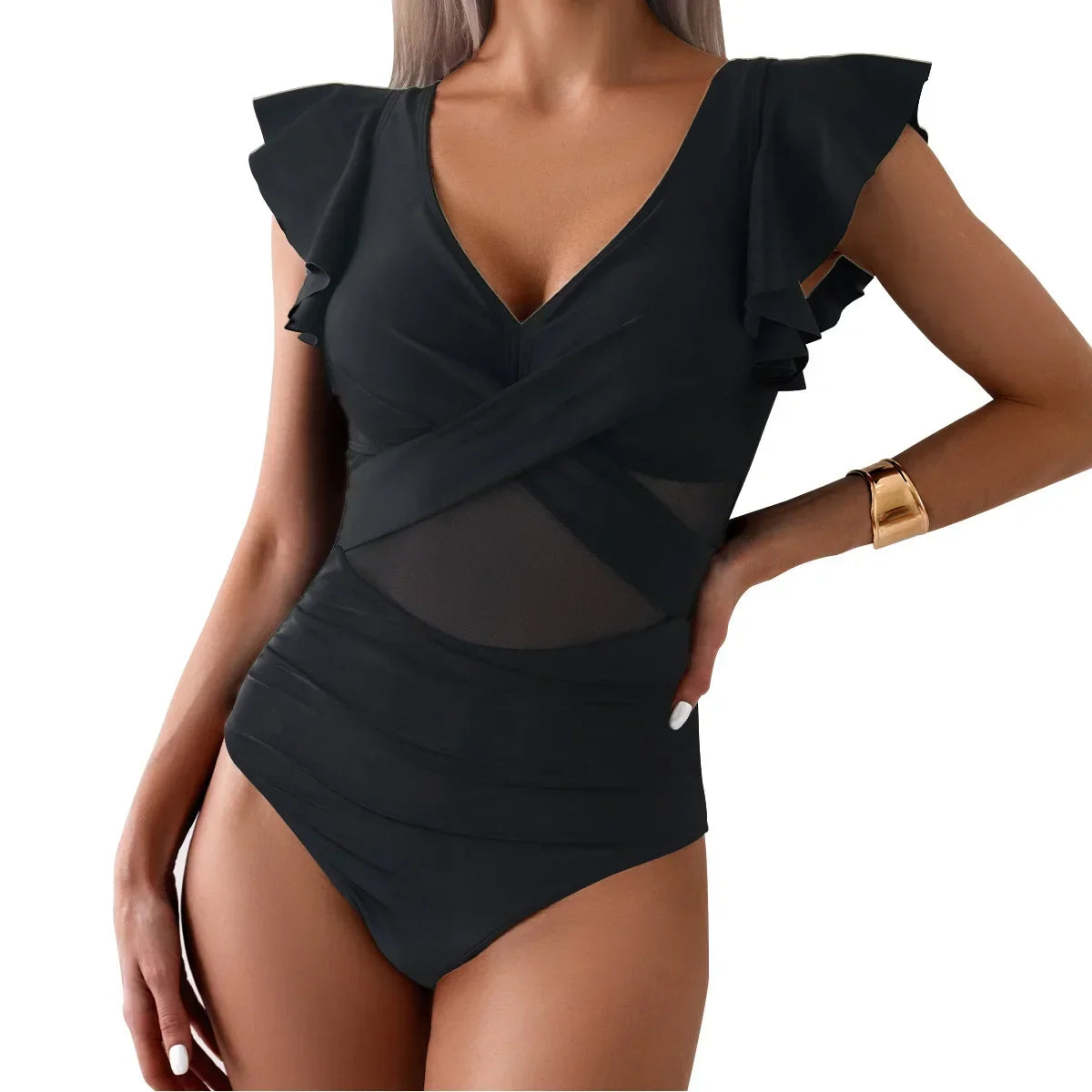 Women's Swimsuit 2024 Trend Tummy Control V Neck Sexy Bikini Ruched Bathing Suits Slim Fit Ruffle Sleeve Swimwear