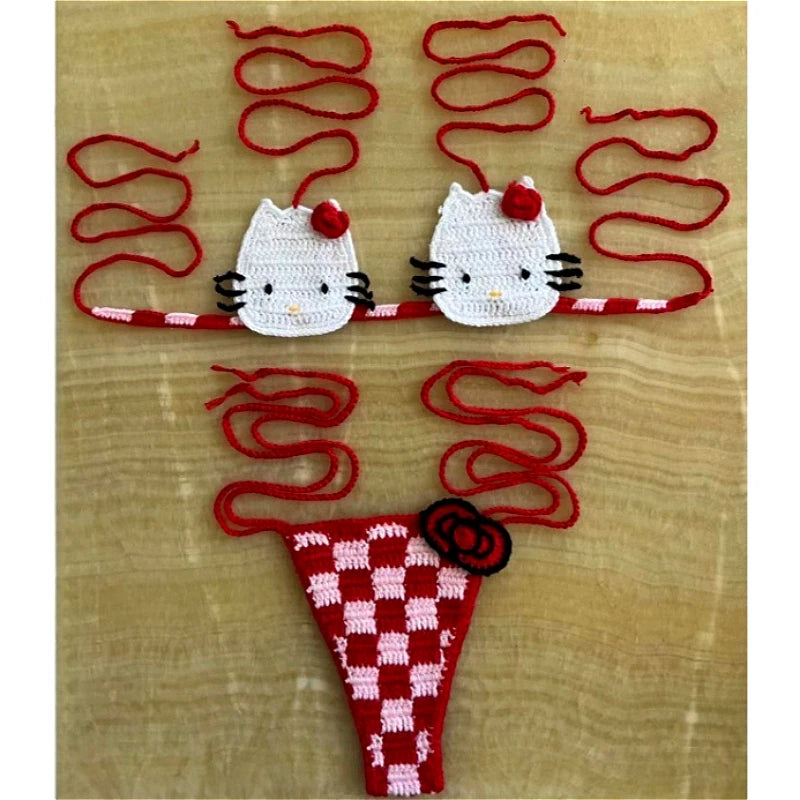 Sanrio Cute Bikini Set Crochet Girls Swimsuit Hello Kitty Sexy Bathing Suit Kwaii Women Swim Suit Bandage Micro Bikinis Swimwear