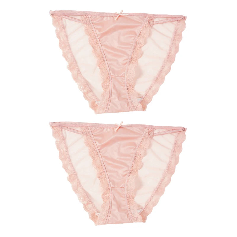2PCS Mesh Satin Half Pack Panties Women's Ice Silk Low Rise Soft Intimates Breathable Sexy Lace Underpants Light Silky Briefs