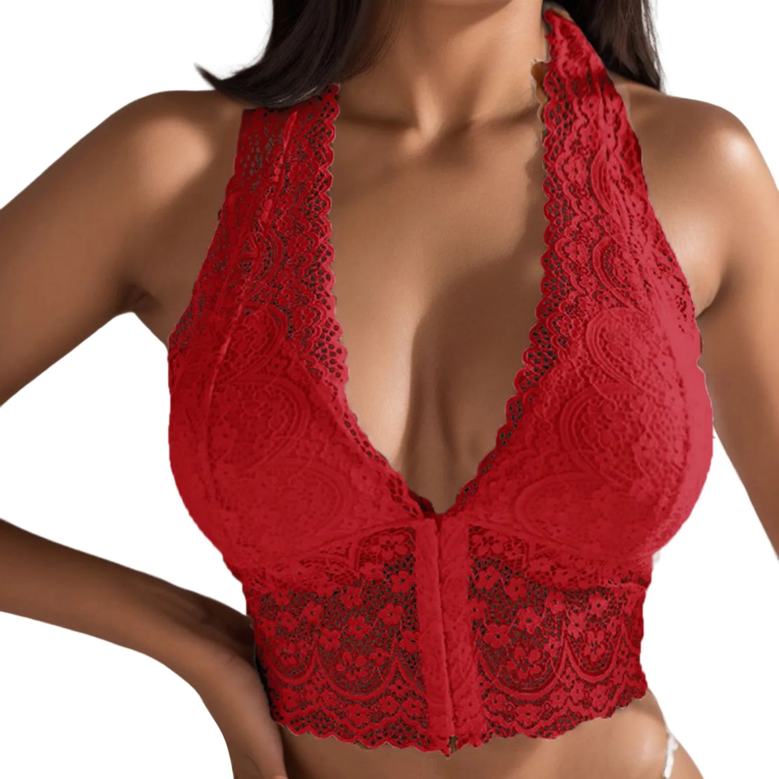 Seamless Bras For Woman Floral Lace Plus Size Sleeveless Corset Crop Tops Halter Neck Buckle Bralette Low-Cut Underwear Women