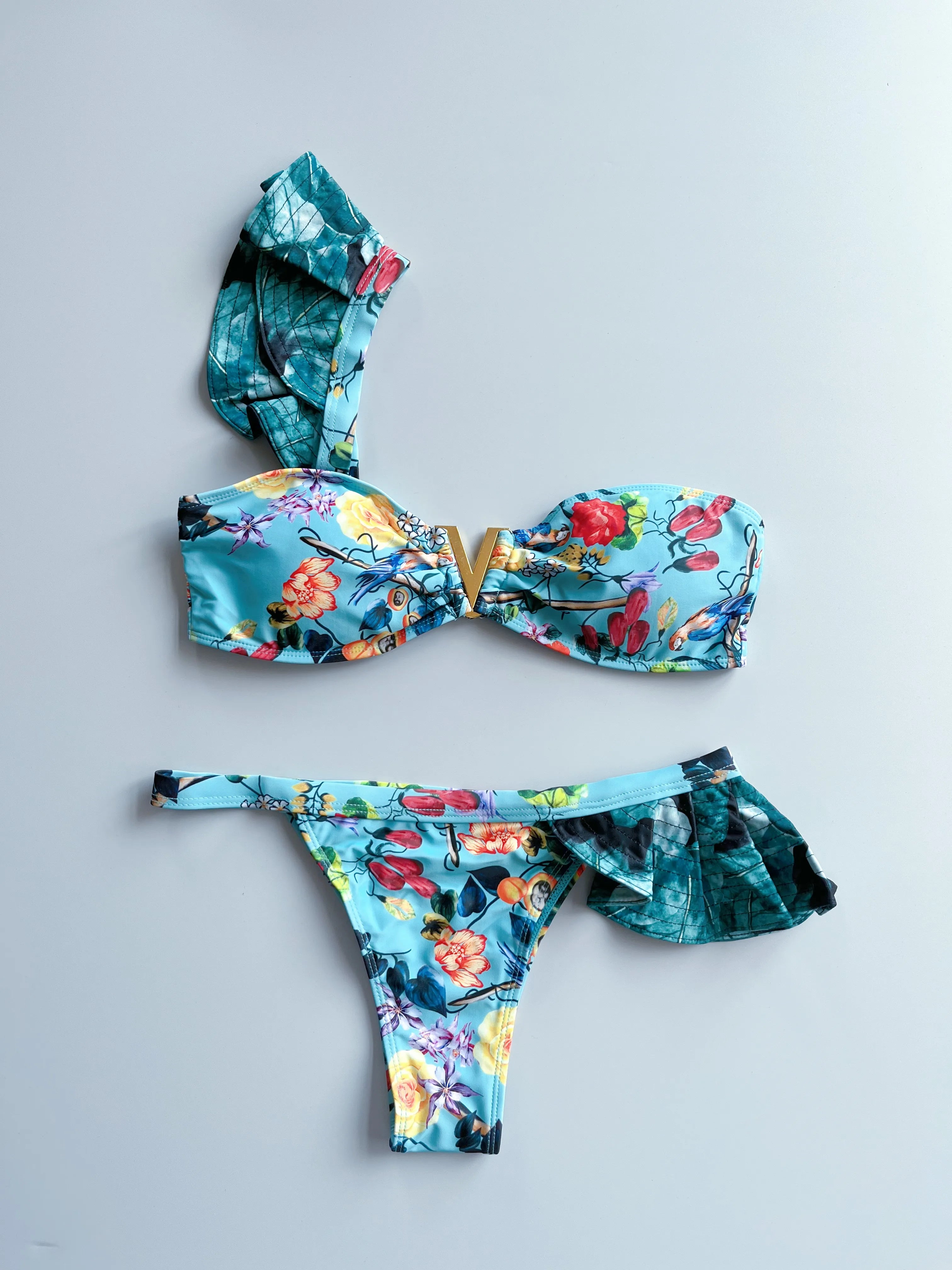 Two-Pieces Women Floral 2025 Push-Up Strappy Ruffles Bandage Bikini Set Swimsuit Swimwear Bathing Suit Beachwear Biquini