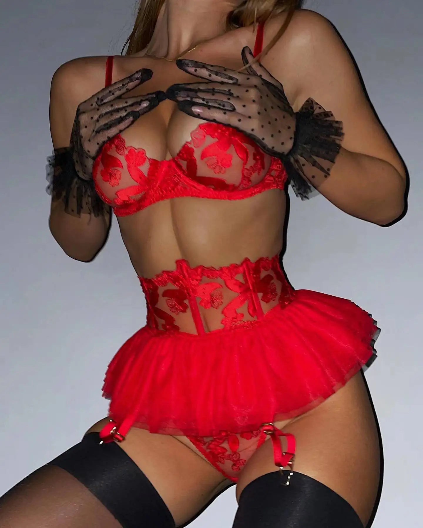 Yimunancy Lace Bra Set Women Transparent Mesh Patchwork Sexy Lingerie Set Floral Garter Brief Underwear Set
